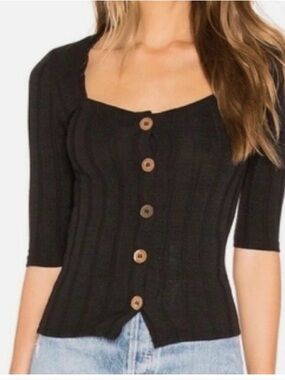 Free People Black Ribbed Square Neck Button Front Top